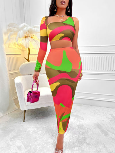 Rachel – Asymmetrisches One-Shoulder-Rockset mit Print