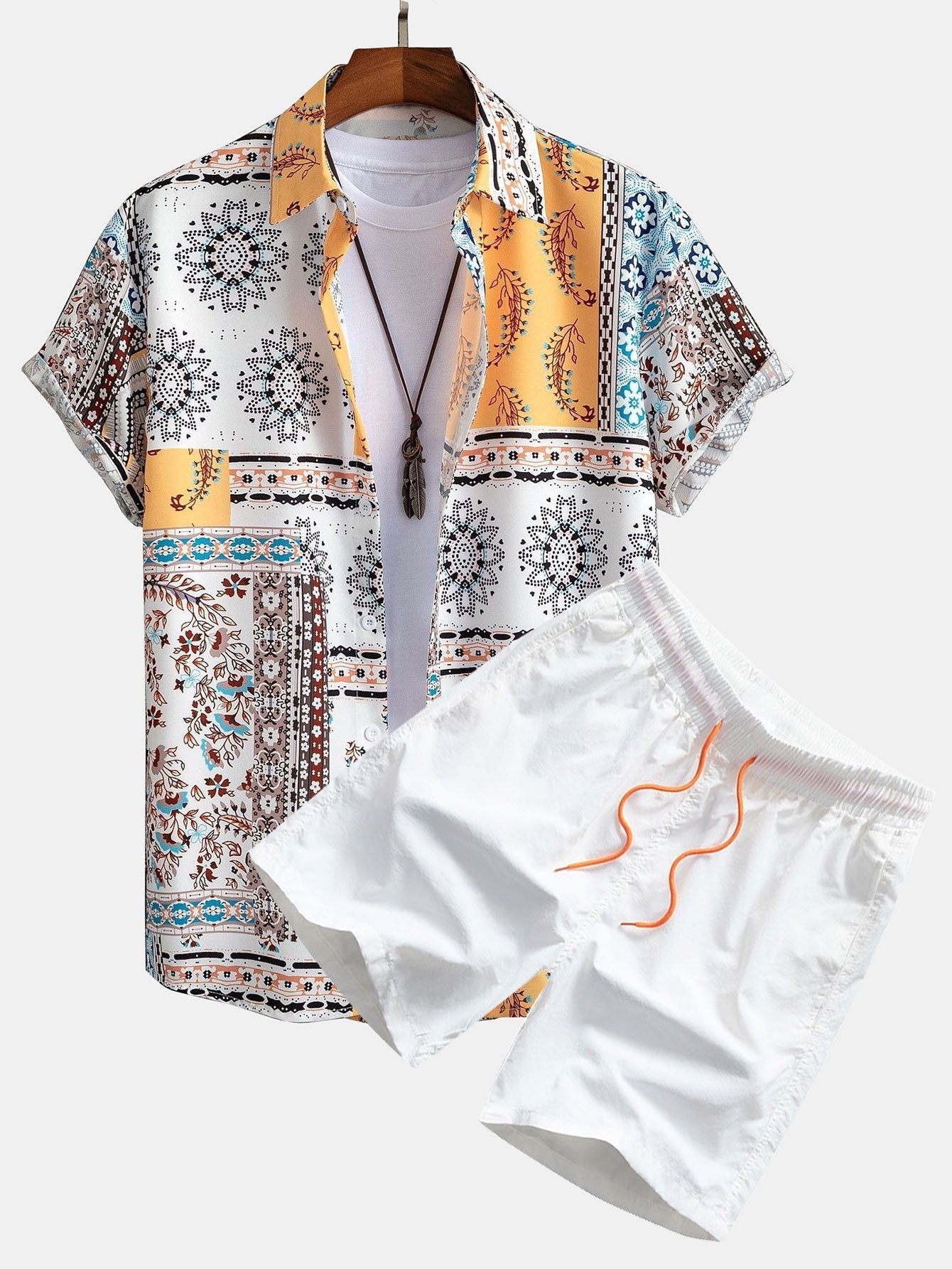 Mit Schal bedrucktes Button-Down-Hemd und Bademode