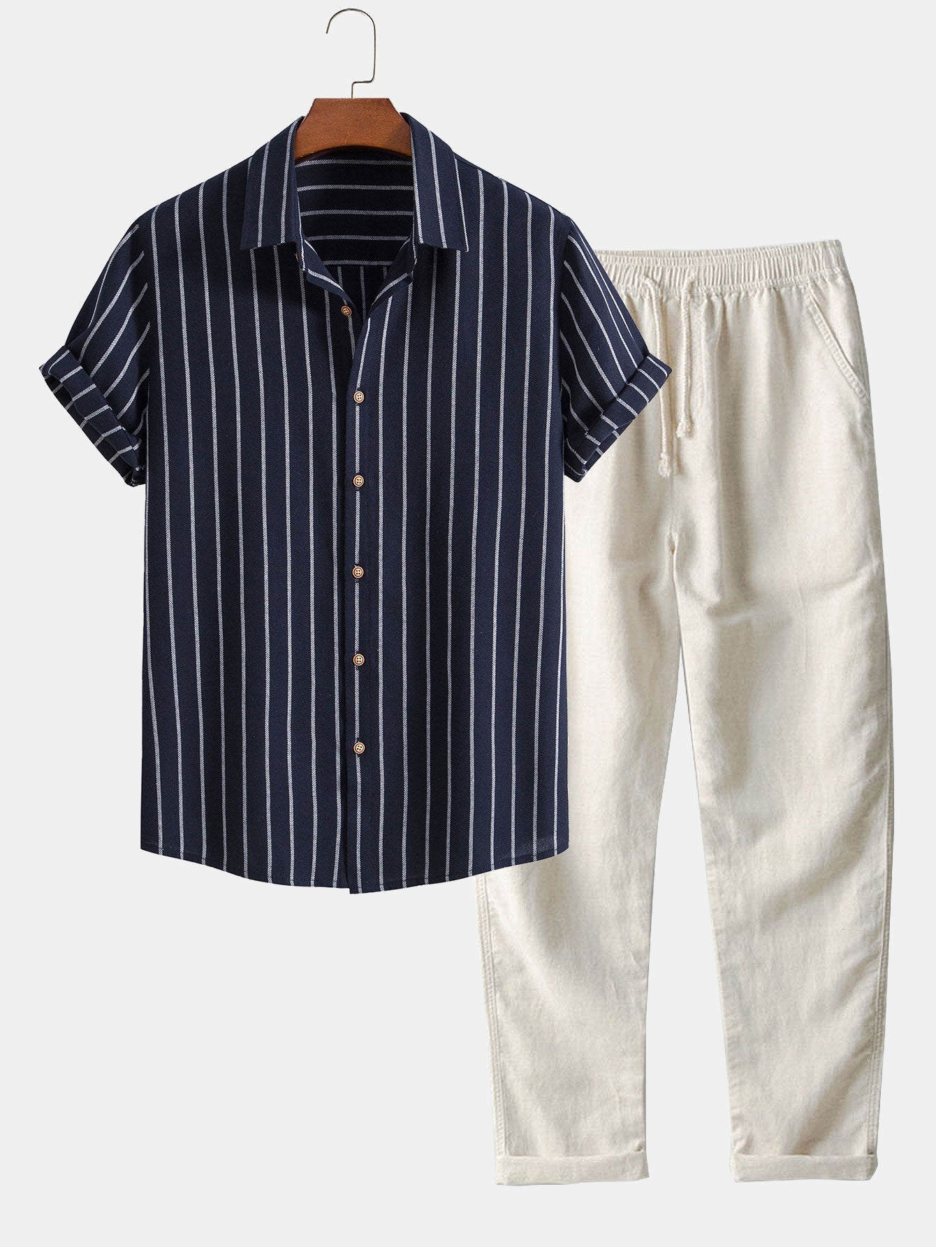 Gestreiftes Hemd mit Knopfleiste aus Baumwollmischung und Leinenhose mit geradem Bein