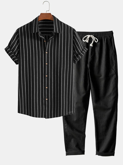 Gestreiftes Hemd mit Knopfleiste aus Baumwollmischung und Leinenhose mit geradem Bein