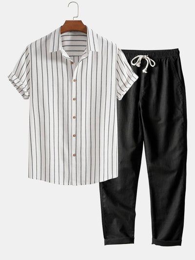 Gestreiftes Hemd mit Knopfleiste aus Baumwollmischung und Leinenhose mit geradem Bein