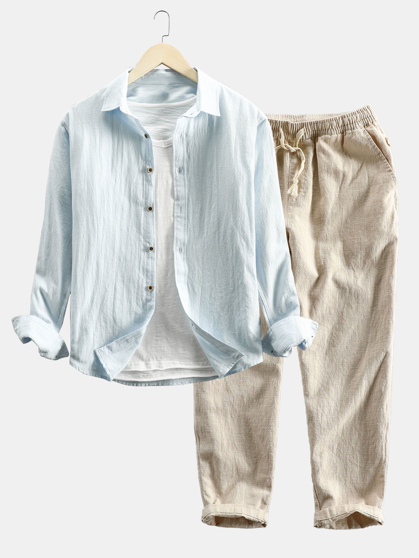 Langärmeliges Hemd mit Knopfleiste aus Leinen-Baumwoll-Mischung und Hose aus Leinen-Baumwoll-Mischung