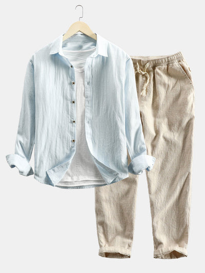 Langärmeliges Hemd mit Knopfleiste aus Leinen-Baumwoll-Mischung und Hose aus Leinen-Baumwoll-Mischung