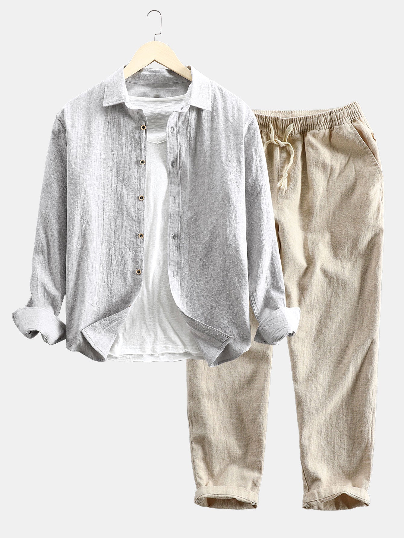 Langärmeliges Hemd mit Knopfleiste aus Leinen-Baumwoll-Mischung und Hose aus Leinen-Baumwoll-Mischung