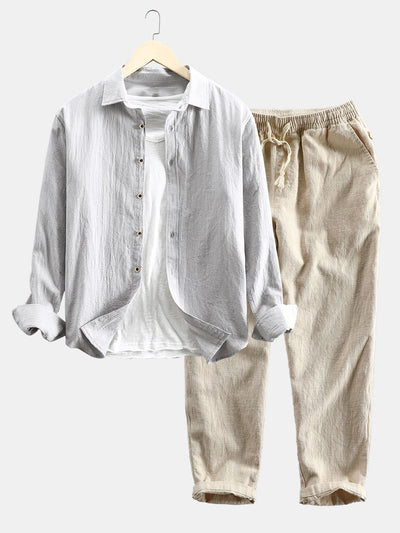 Langärmeliges Hemd mit Knopfleiste aus Leinen-Baumwoll-Mischung und Hose aus Leinen-Baumwoll-Mischung