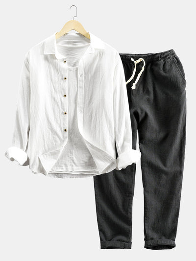 Langärmeliges Hemd mit Knopfleiste aus Leinen-Baumwoll-Mischung und Hose aus Leinen-Baumwoll-Mischung