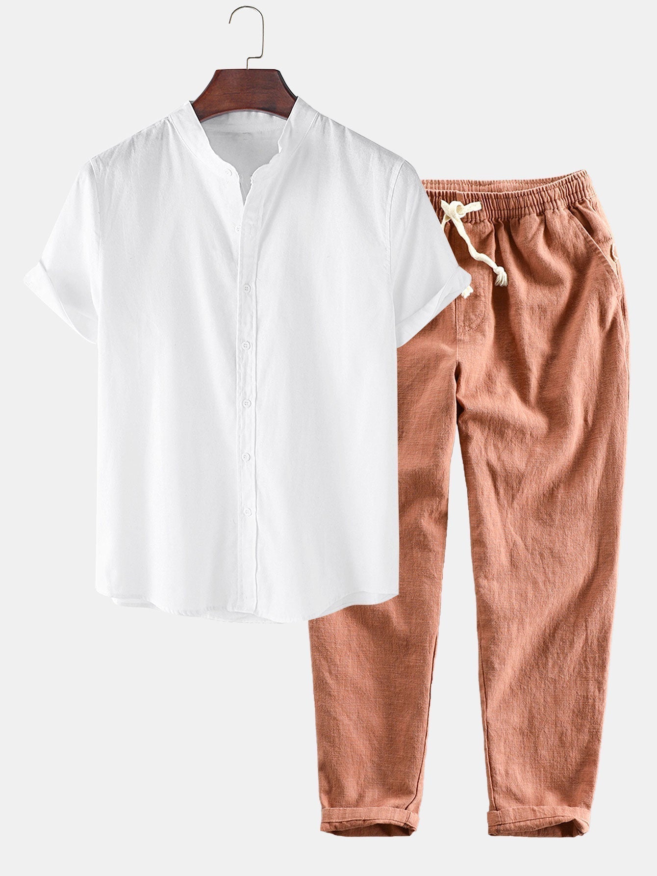 Kurzärmeliges Hemd mit Stehkragen im Leinen-Look & Hose mit Leinen-Baumwoll-Mischung