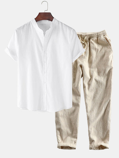 Kurzärmeliges Hemd mit Stehkragen im Leinen-Look & Hose mit Leinen-Baumwoll-Mischung