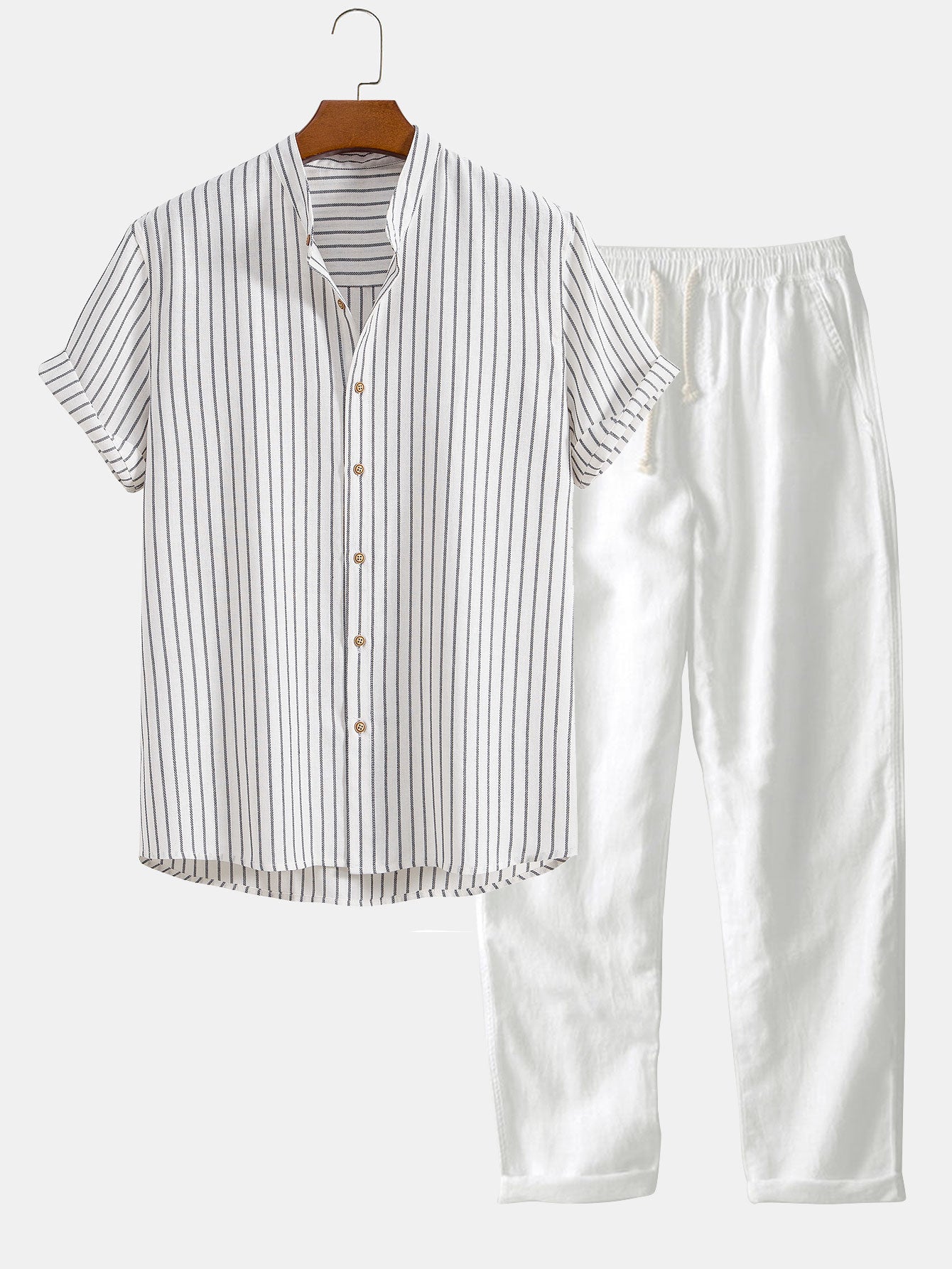 Gestreiftes Hemd mit Stehkragen aus Baumwollmischung und Leinenhose mit geradem Bein