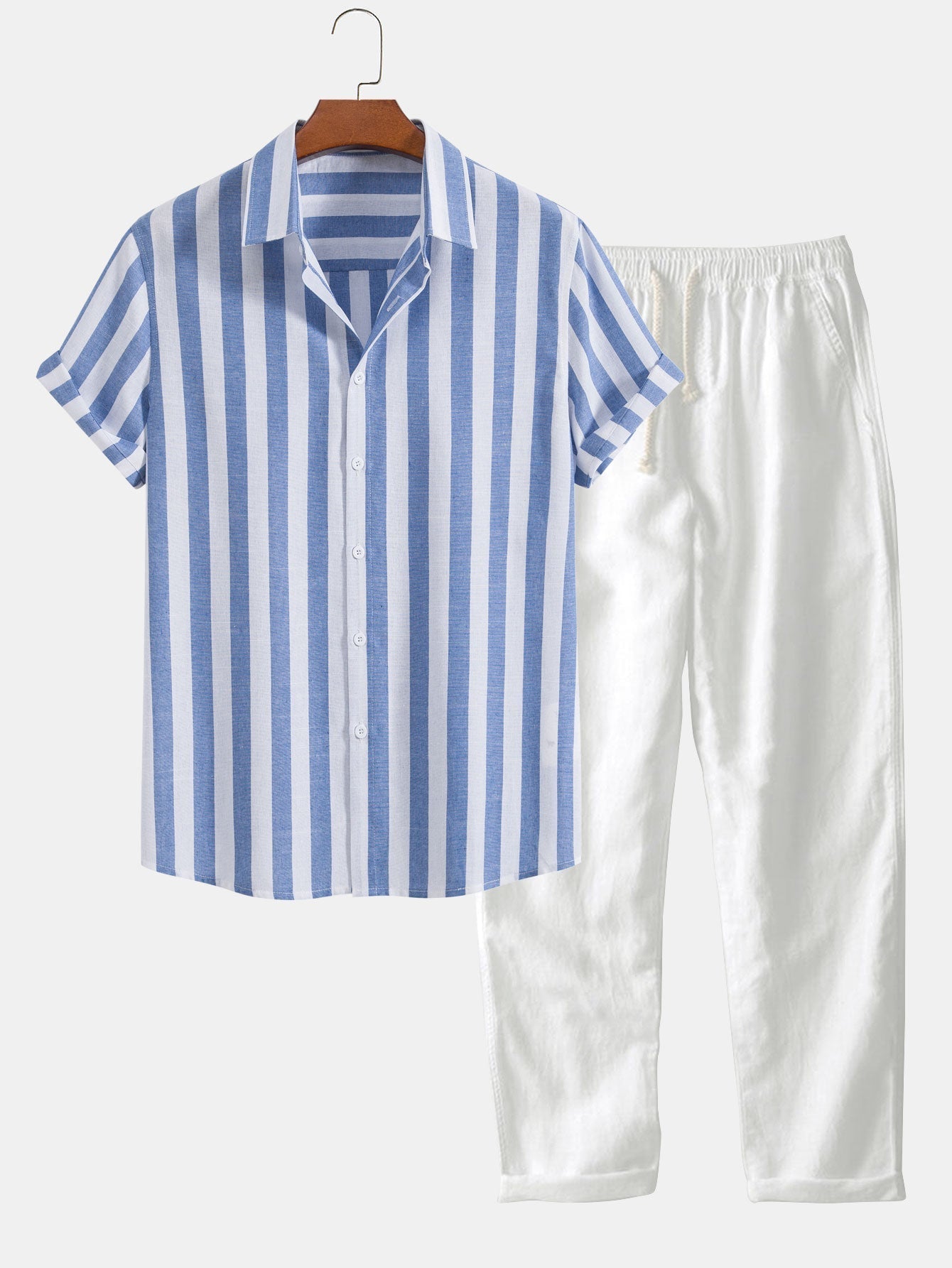 Gestreiftes Hemd aus Baumwollmischung mit Knopfleiste und Leinenhose mit geradem Bein