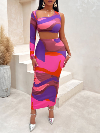 Rachel – Asymmetrisches One-Shoulder-Rockset mit Print