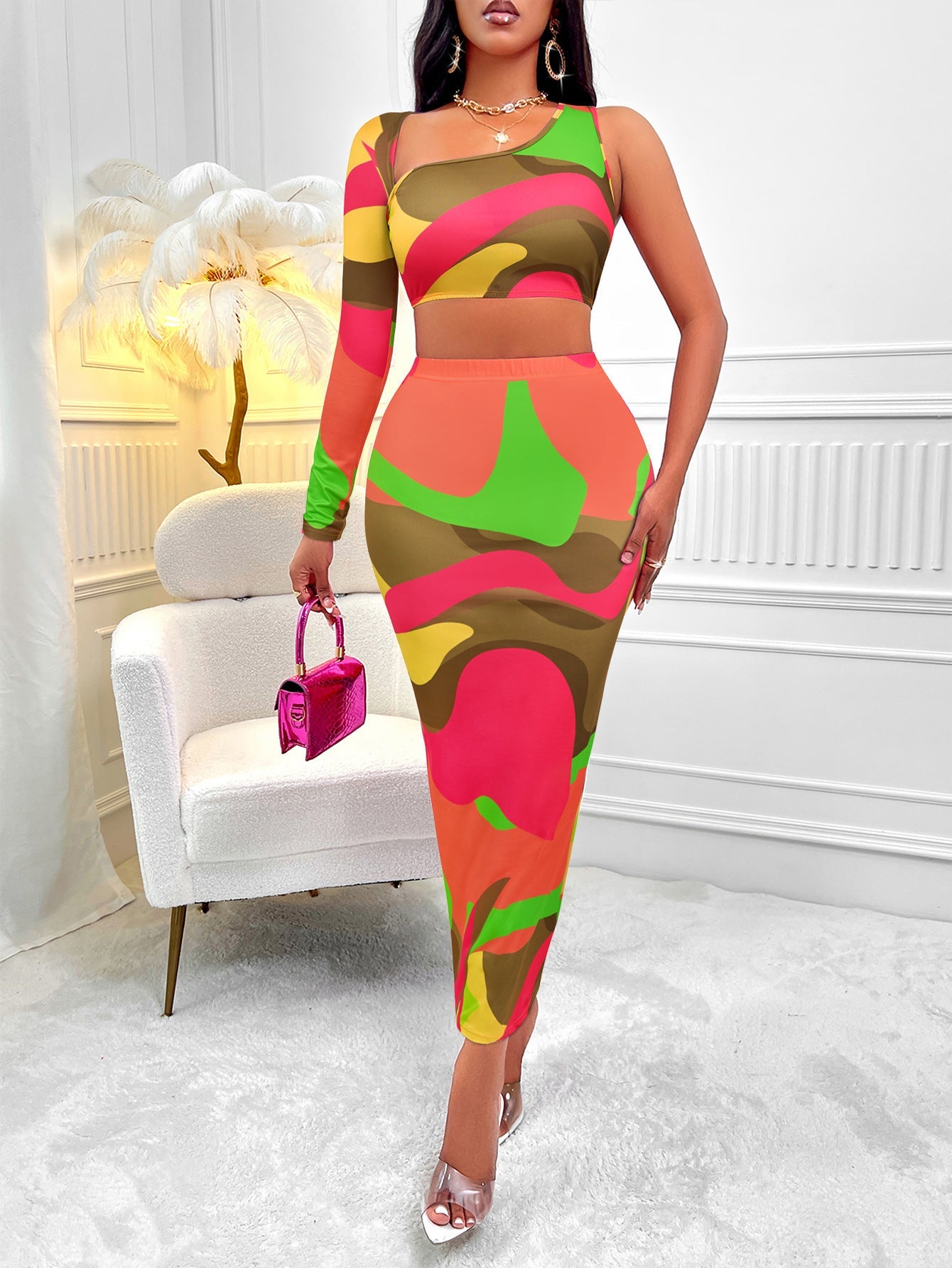 Rachel – Asymmetrisches One-Shoulder-Rockset mit Print