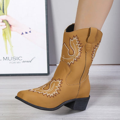 Lydia – Bestickte Westernstiefel mit klobigem Absatz