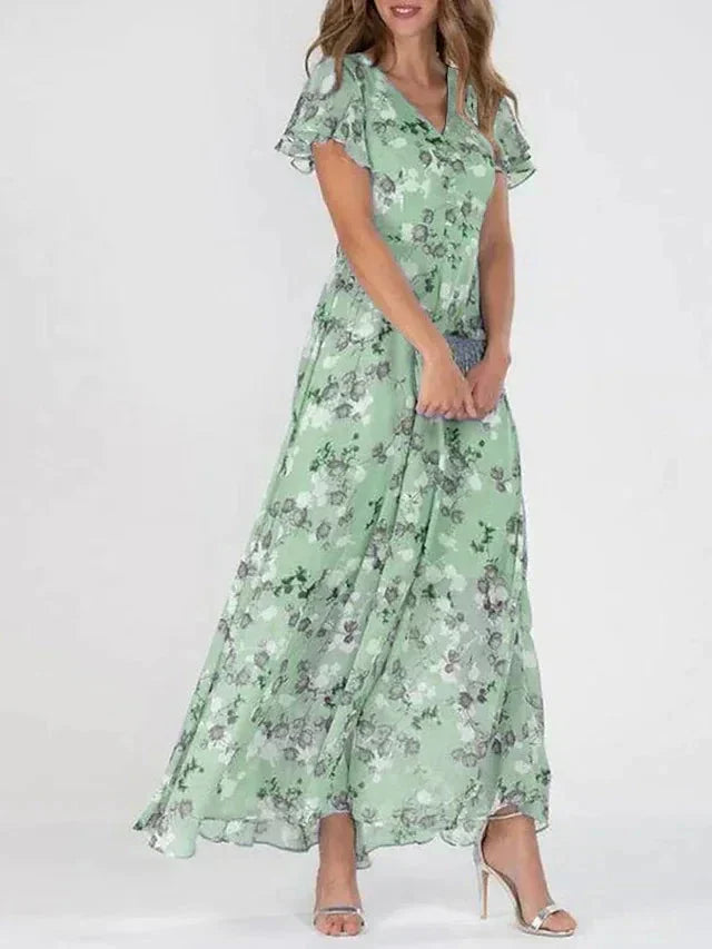 Romantisches Maxikleid mit Blumenprint – Rosa Chiffon, V-Ausschnitt & Schmetterlingsärmel