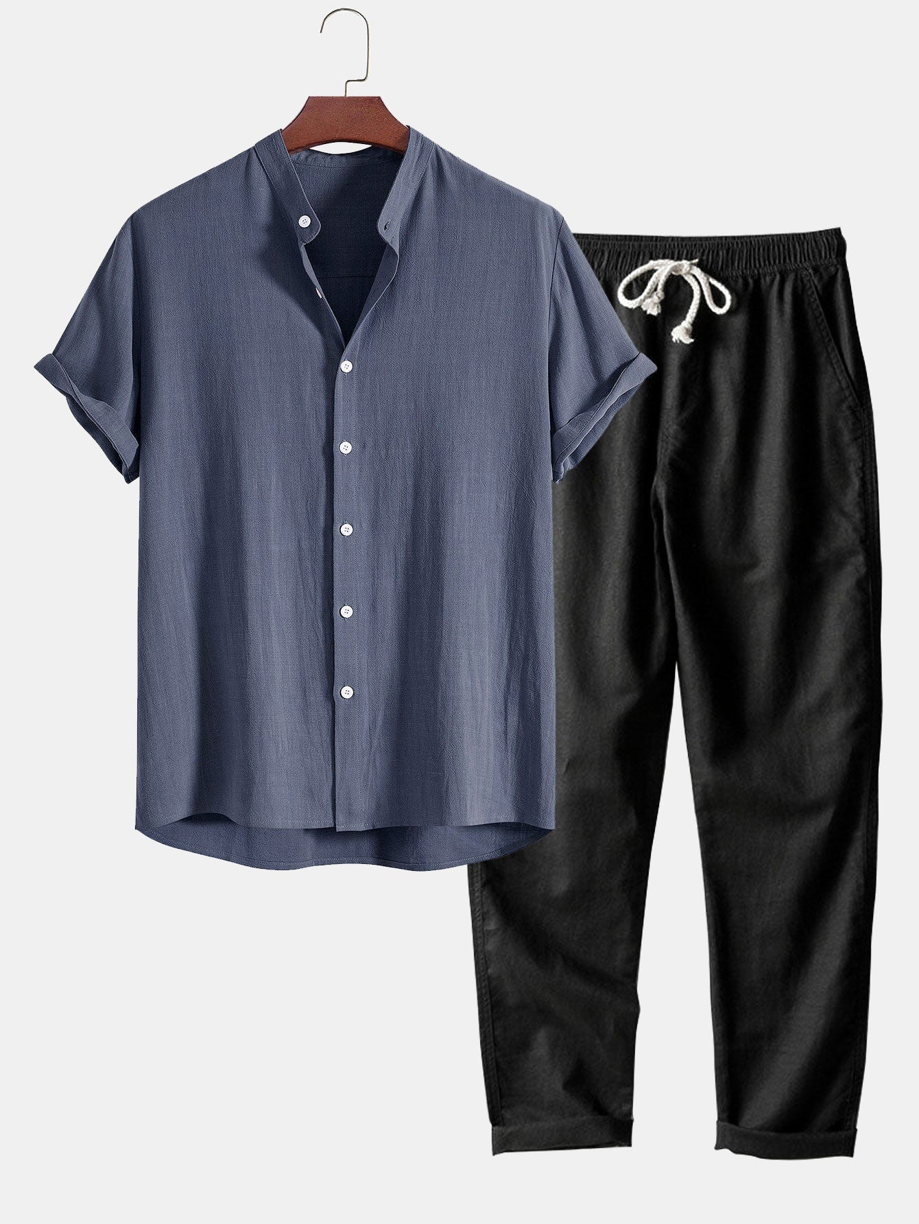 Hemd mit Stehkragen aus einer Leinen-Viskose-Mischung und Leinenhose mit geradem Bein