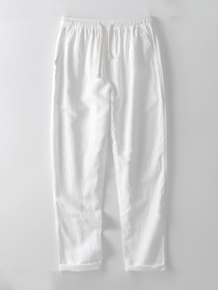 Gestreiftes kubanisches Hemd aus Baumwollmischung und Leinenhose mit geradem Bein