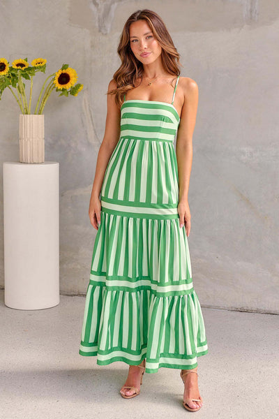 Stephanie – Gestreiftes Langkleid mit Trägern und Taschen für den Strandurlaub