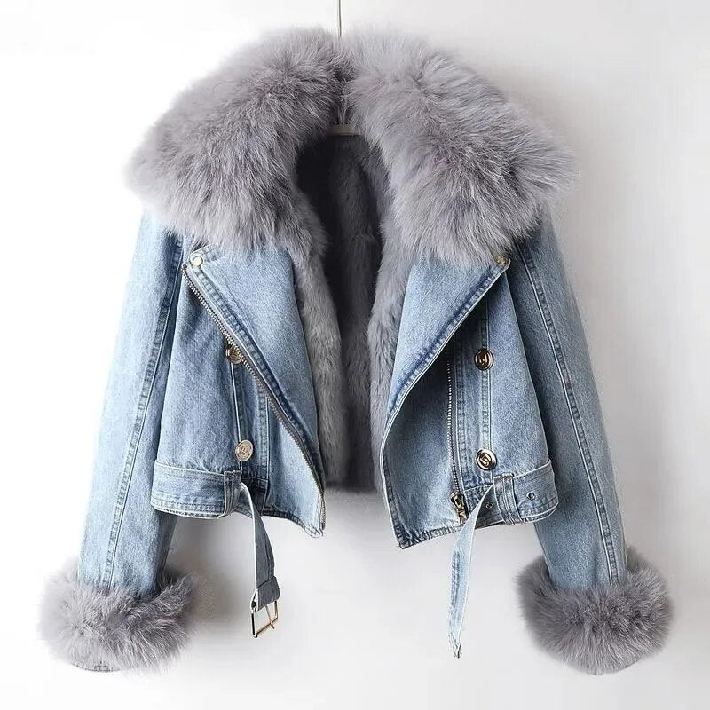 Jeansjacke mit Fuchspelzkragen