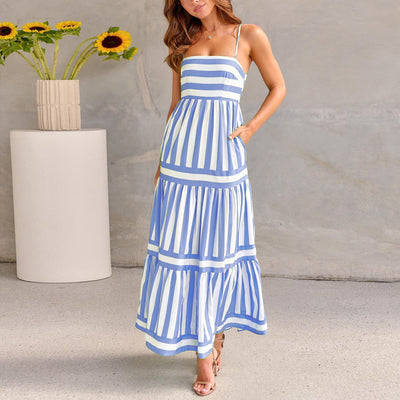 Stephanie – Gestreiftes Langkleid mit Trägern und Taschen für den Strandurlaub