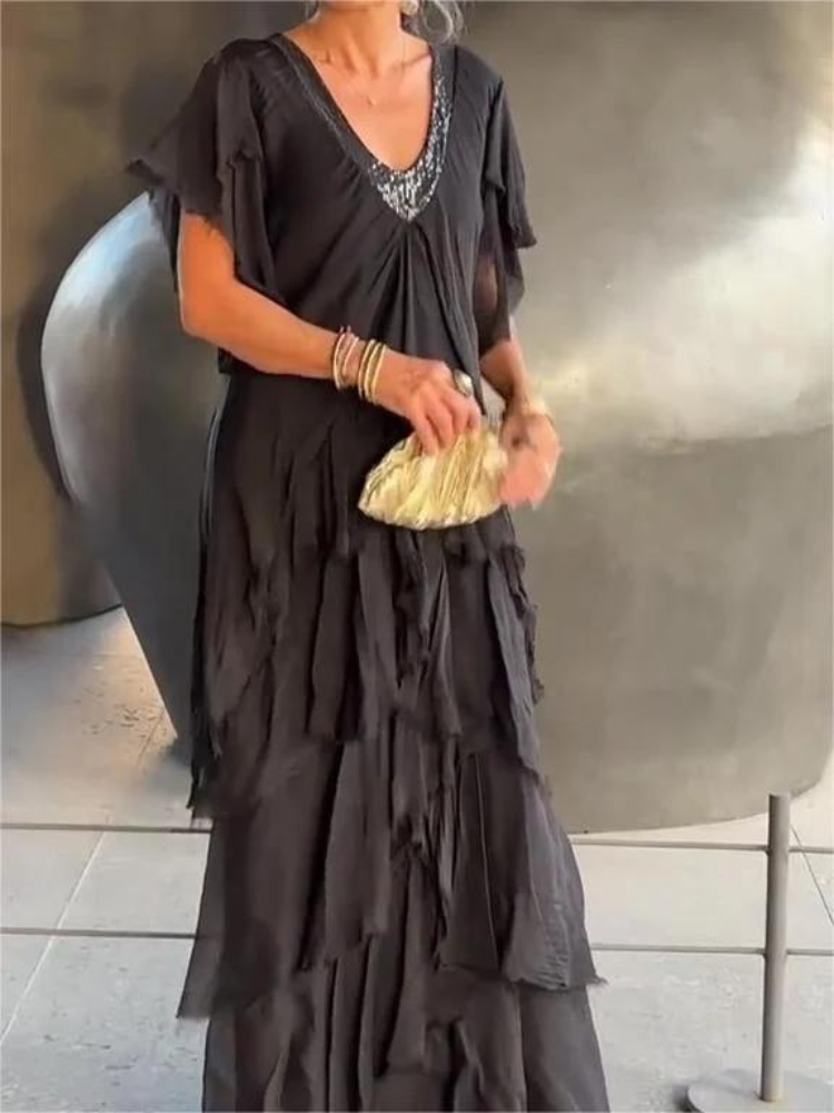 SAVANE | Elegantes Fließendes Langkleid mit V-Ausschnitt