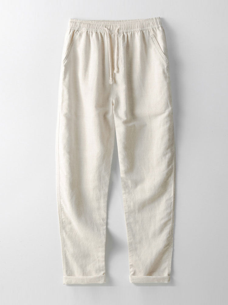 Gestreiftes Hemd mit Stehkragen aus Baumwollmischung und Leinenhose mit geradem Bein