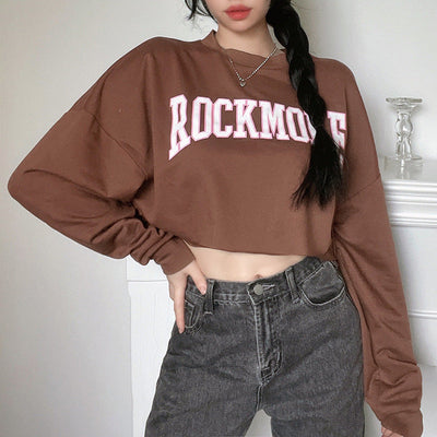 Karen – Harajuku Buchstaben Bedrucktes Braunes Kurzes Sweatshirt