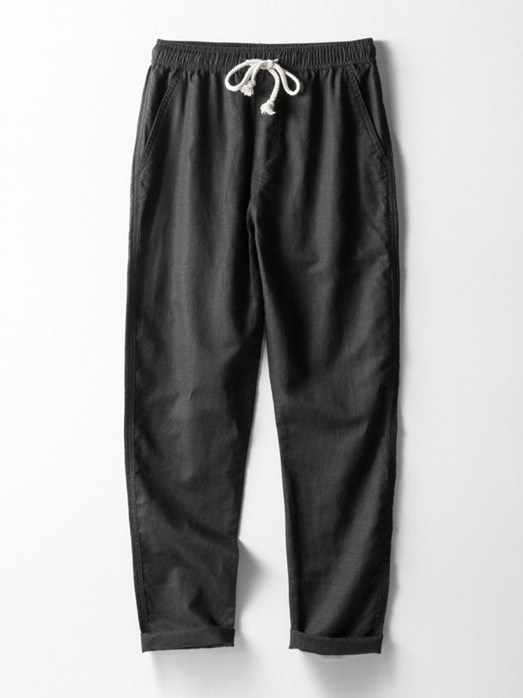 Gestreiftes kubanisches Hemd aus Baumwollmischung und Leinenhose mit geradem Bein