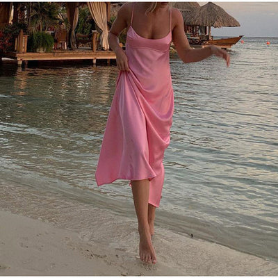 Sophie – Elegantes Satin-Maxikleid mit schmalen Trägern für Damen