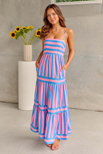 Stephanie – Gestreiftes Langkleid mit Trägern und Taschen für den Strandurlaub