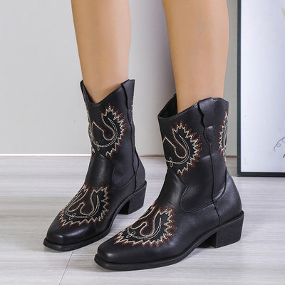 Lydia – Bestickte Westernstiefel mit klobigem Absatz