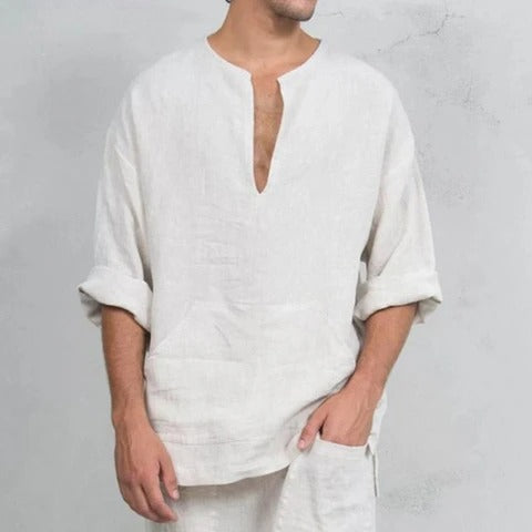 Ethnisches, lockeres Leinen-T-Shirt für Männer