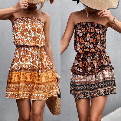 Denise – Trägerloses Bohemian-Blumendruckkleid für den Sommer am Strand