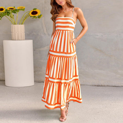 Stephanie – Gestreiftes Langkleid mit Trägern und Taschen für den Strandurlaub