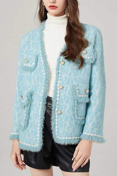 Strickstrickjacke aus hellblauem Tweed