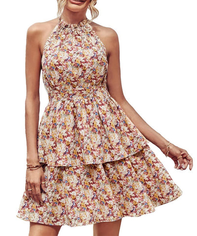 Alice – Sommerliches bedrucktes Halterkleid im Boho-Stil mit Rüschen für Damen