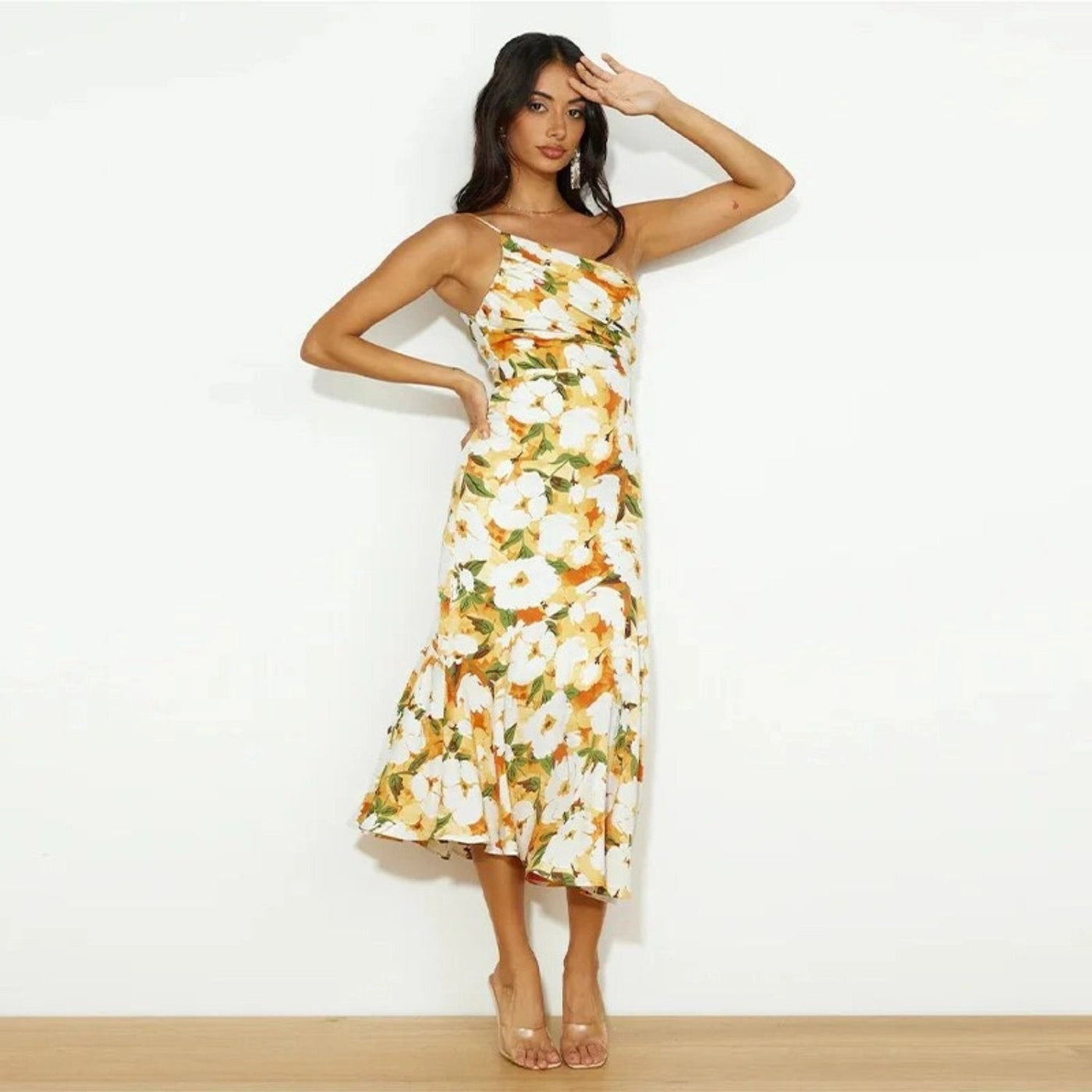 Carina - Asymmetrisches Maxikleid mit floralen Muster