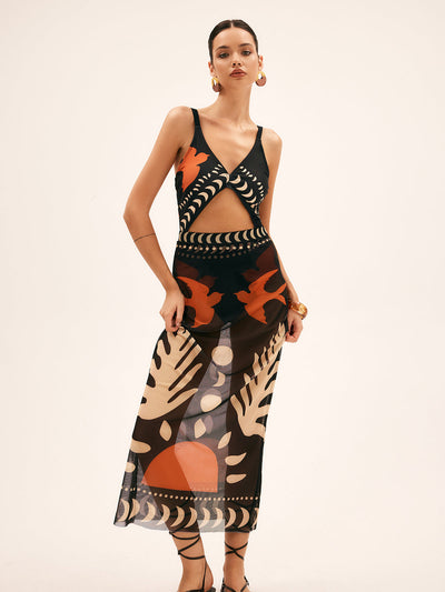 Maxi Mesh Rock mit Vogelprint – Leichtes Strand-Cover-Up