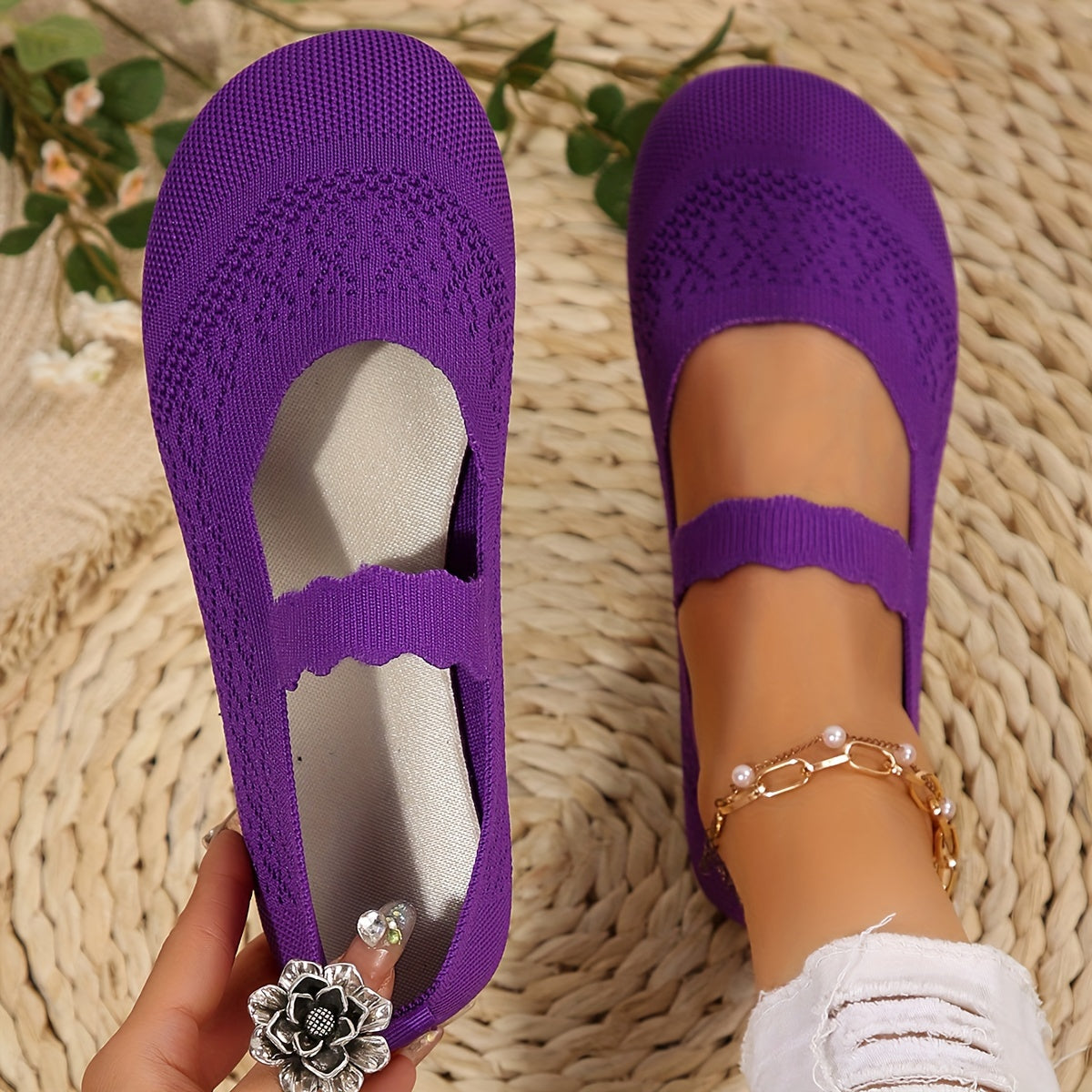 Damen Ballerinas | Mary Jane Design | Ultraweicher Stoff | Rutschfeste Sohle