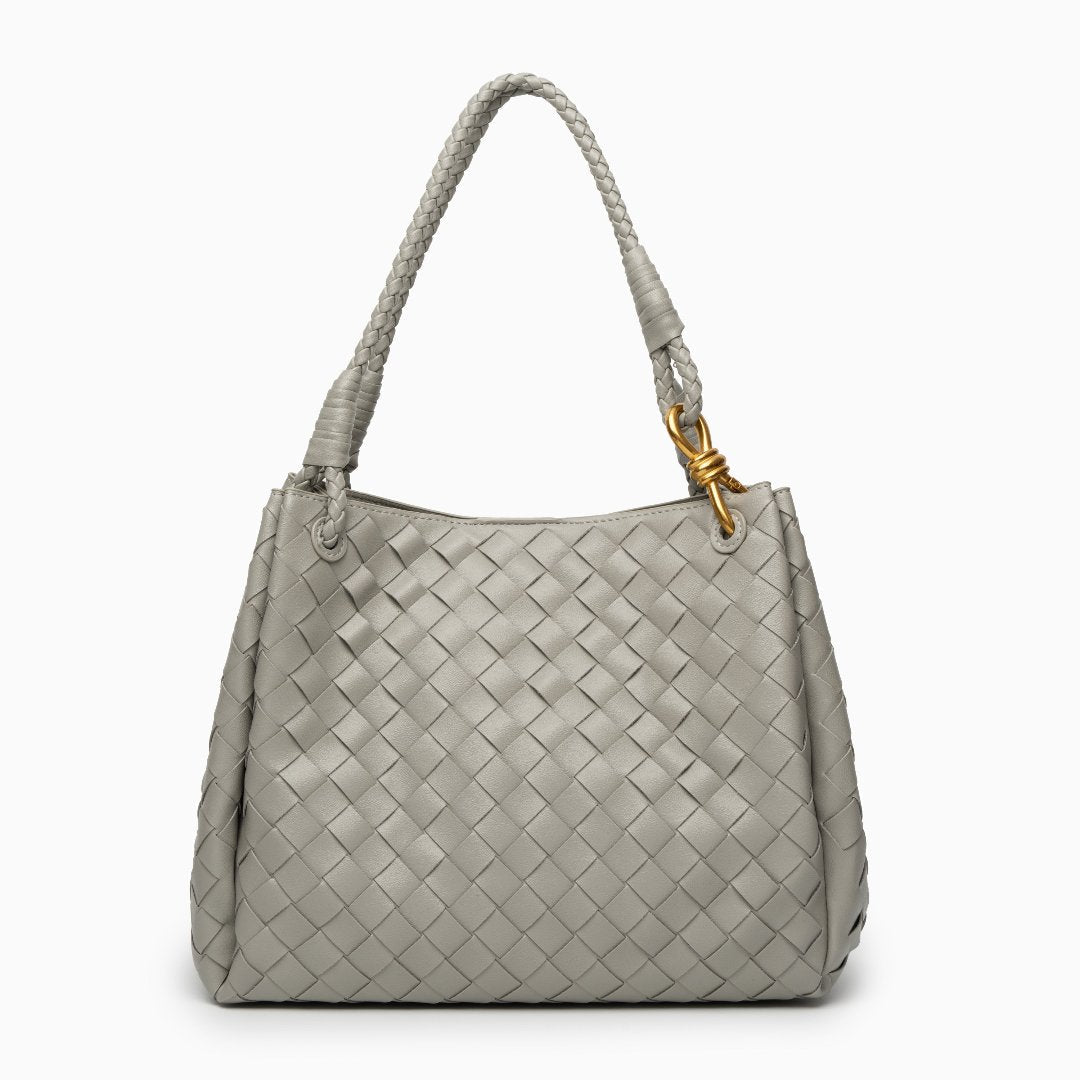 Valeria | Geflochtene schwarze Damenhandtasche aus veganem Leder mit Schulterriemen & goldenen Details