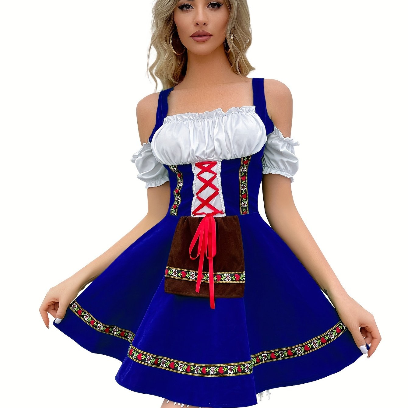 Damen Dirndl Kleid Baumwolle Schulterfrei Festlich Hochzeitsgast