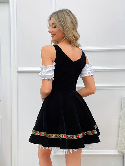 Damen Dirndl Kleid Schulterfrei Trachtenkleid mit Fließendem Rock für Oktoberfest