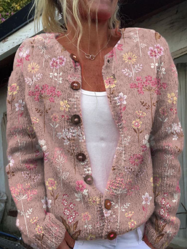 Damen Strickjacke Baumwolle Blumenmuster Langarm Elegant