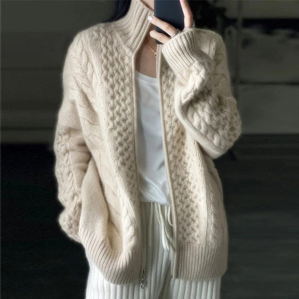 Damen Strickjacke Hochwertige Strickware Mit Stehkragen und Reißverschluss