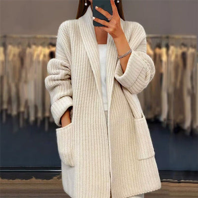 Damen Strickjacke Lang Baumwolle Oversize V-Ausschnitt
