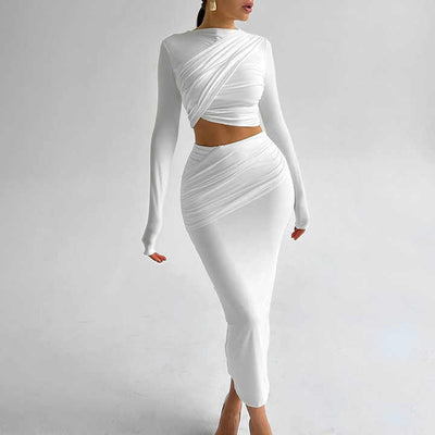Damen Zweiteiler – Geripptes Stretch-Material – Langarm & Wickel-Crop-Top