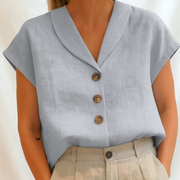 Leinenbluse mit kurzem Ärmel und Knopfleiste für Damen