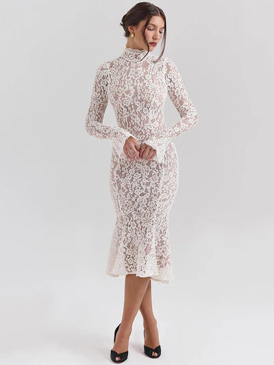 Lyka | Bodycon-Kleid mit hohem Halsausschnitt und hoher Taille aus Spitze