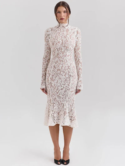Lyka | Bodycon-Kleid mit hohem Halsausschnitt und hoher Taille aus Spitze
