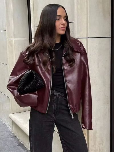 Damen Kunstlederjacke im Oversize-Look – Modische Übergangsjacke mit Reißverschluss