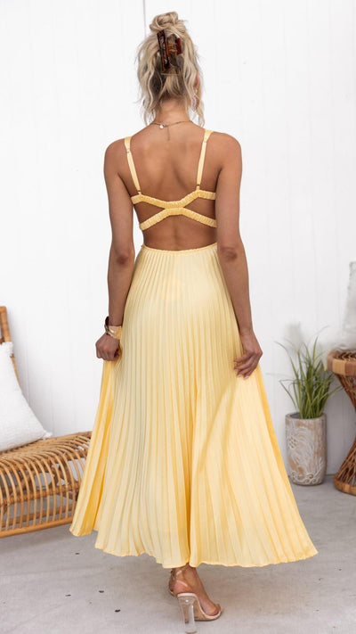 Quenby | Gelbes Plissiertes V-Ausschnitt Maxikleid